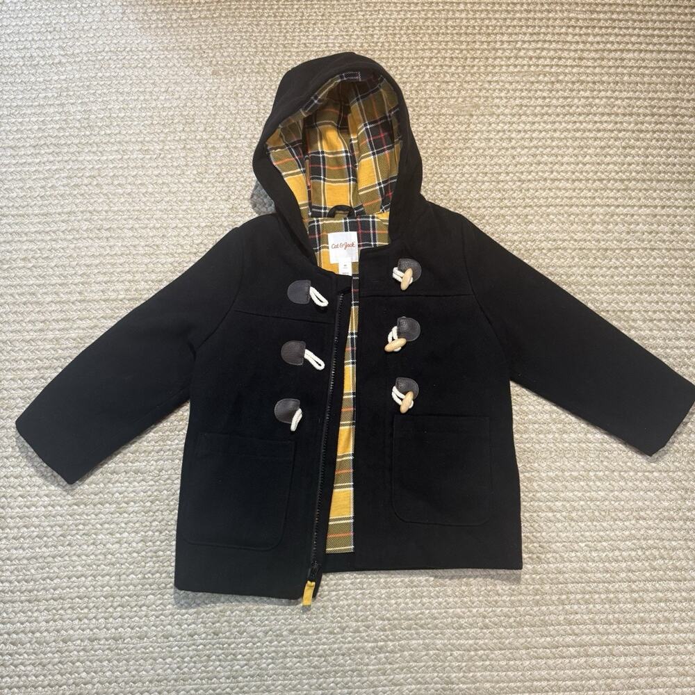 Cat & Jack Toddler Black Hooded Pea Coat Plaid Lining 4T EUC